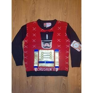 UGLY CHRISTMAS Sweater Mens Small Red Nutcracker LED Light